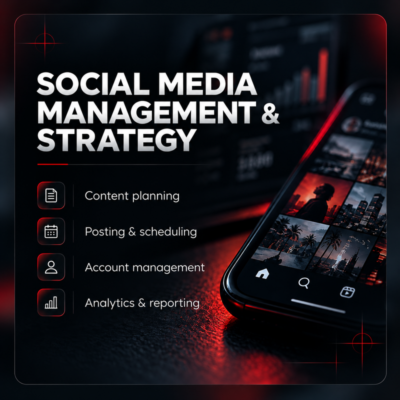 1. Social Media Management & Strategy
- Content Planning
- Posting & Scheduling
- Account Management
- Analytics & Reporting