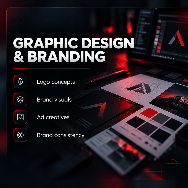 2. Graphic Design & Branding
- Logo Concepts
- Brand Visuals
- Ad Creatives
- Brand Consistency