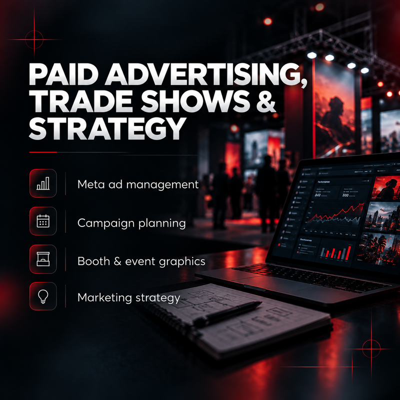 5. Paid Advertising, Trade Shows & Strategy
- Meta Ad Management
- Campaign Planning
- Booth & Event Graphics
- Marketing Strategy